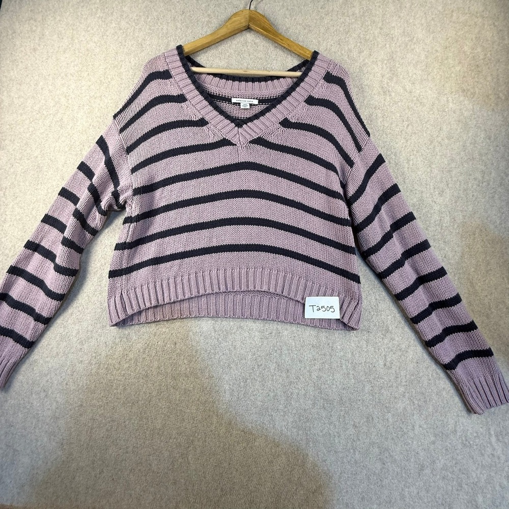 American Eagle Striped V-Neck Knit Sweater Purple Navy Blue Small